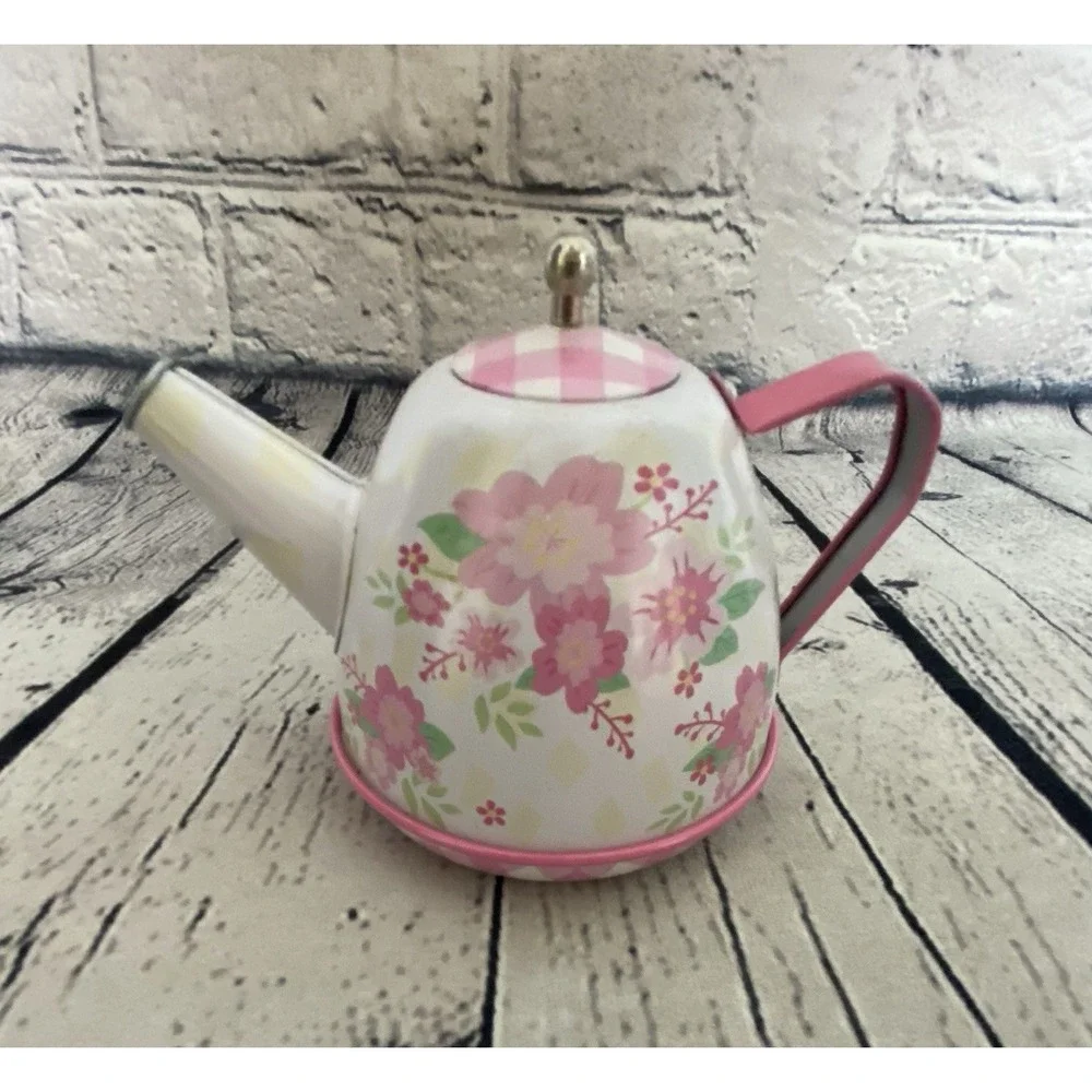Schylling 15 Piece Tin Tea Set Fancy Tea Teapot Teacups/Saucers Pink Flower 2017